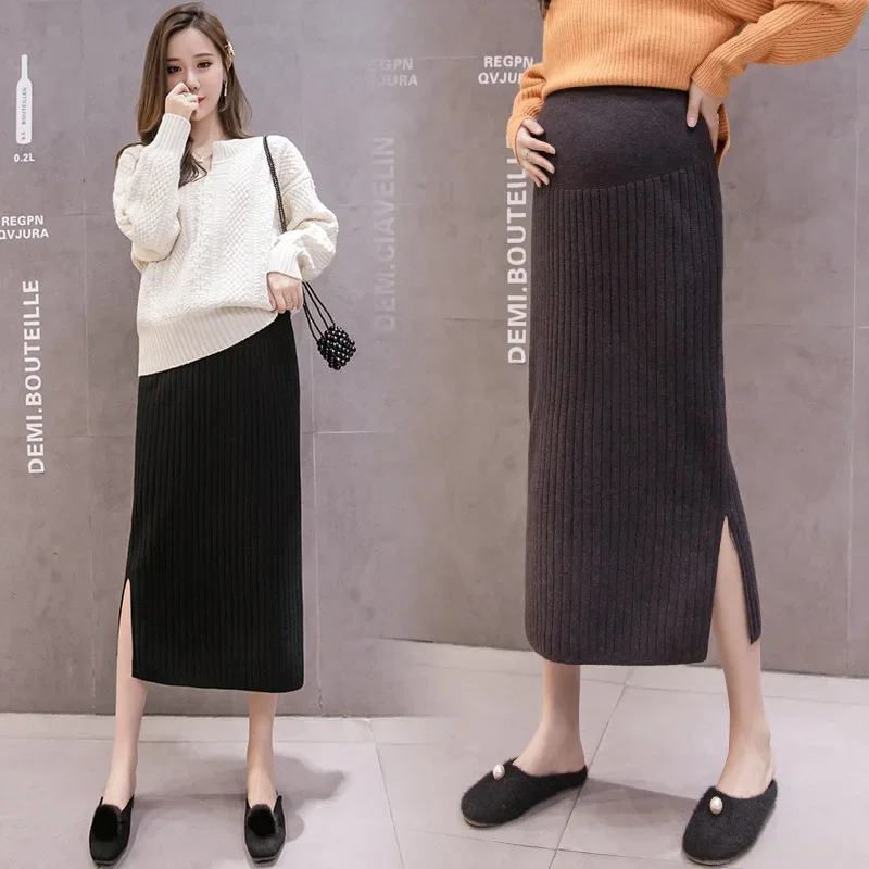 Maternity High Waist Slimming Knitted Mini Skirt Pregnancy Outerwear Mid-Length Bodycon One-Step Skirt for Expectant Mothers