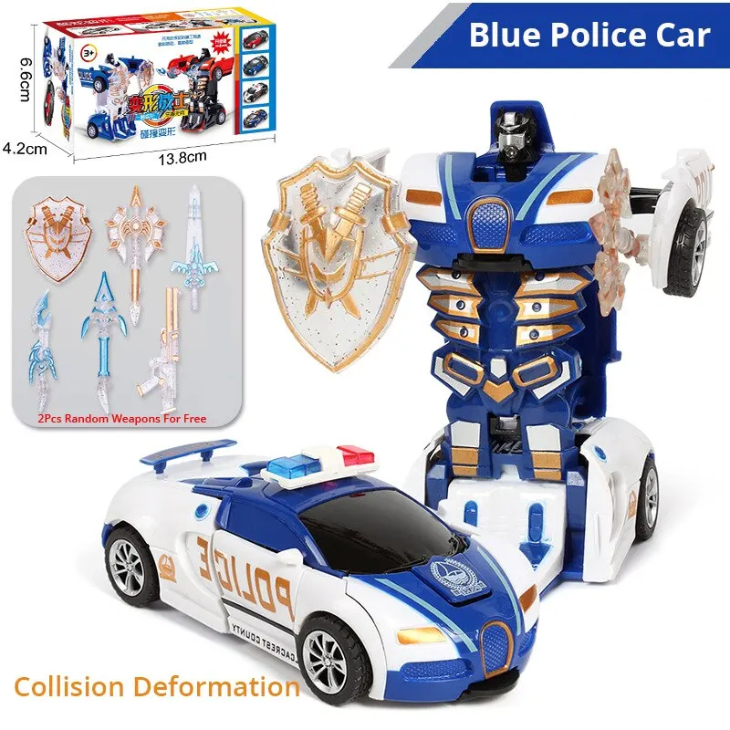 Blue Children's Inertia Impact Police Car Toy with One-Button Transformation