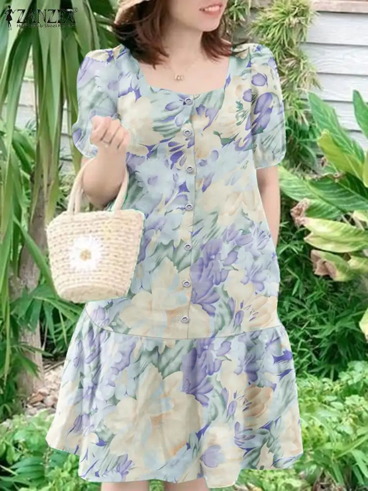 

ZANZEA Ruffled Hem Floral Print Sundress Summer Women 2024 Fashion Puff Sleeve Knee-length Vestidos Square Neck Elegant Dress