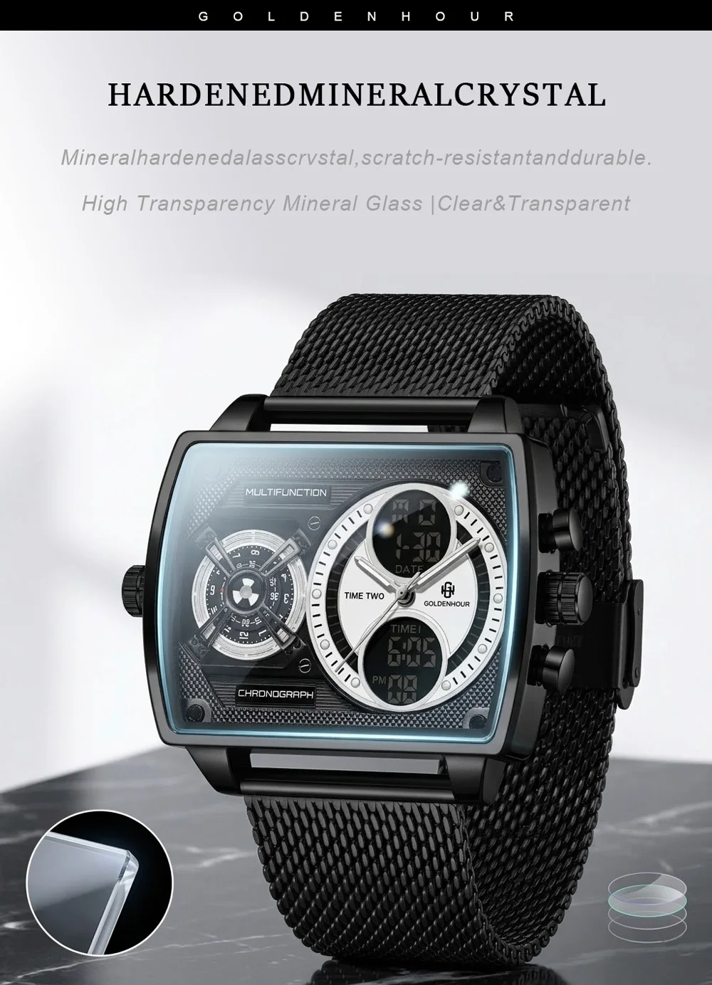 GOLDENHOUR Luxury Black Men’s Industrial LED Digital-Analog Waterproof Luminous Quartz Wristwatch