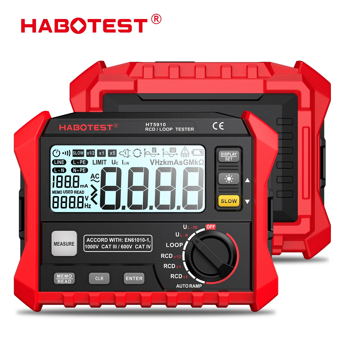 

HT5910 Resistance Meter Leakage Switch Tester 4.7inch LCD Digital RCD/Loop Tester 1000 Data Storage Voltmeter Electrician Tester