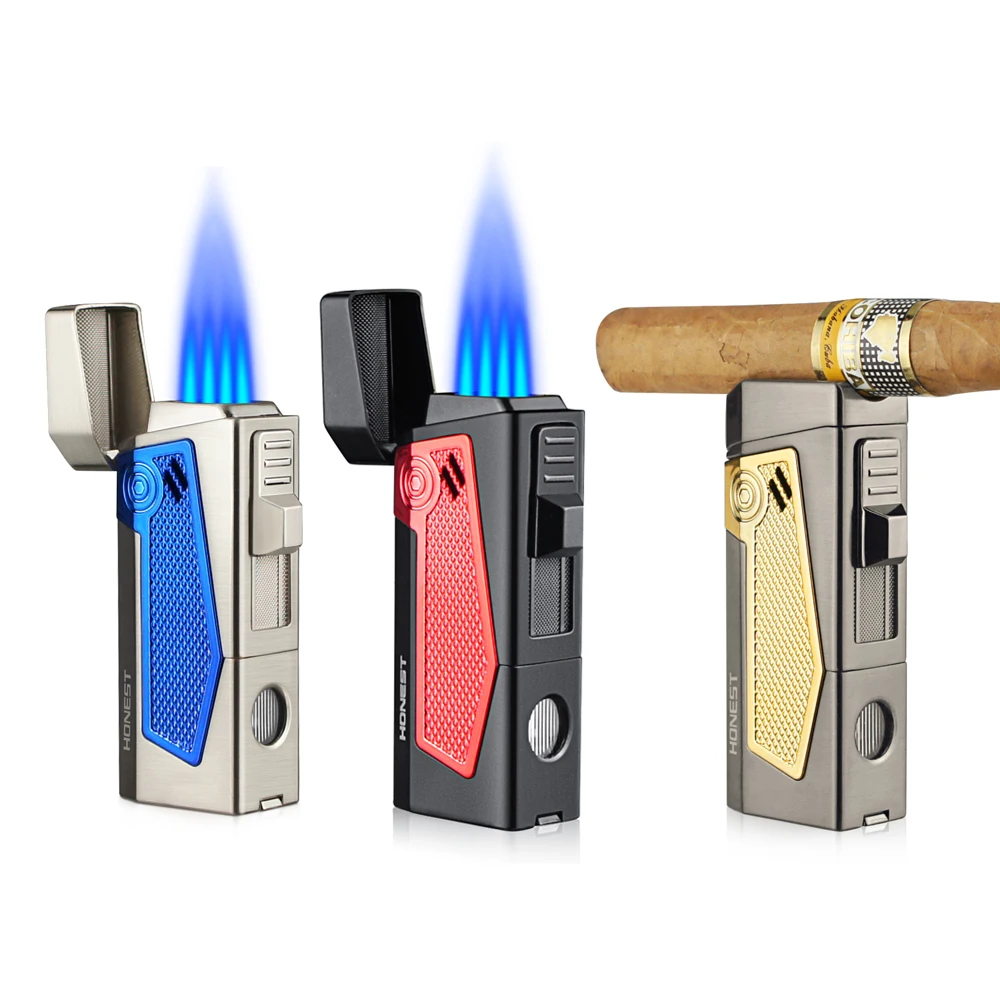 

HONEST Windproof Cigar Lighter With Puncher Holder Needle Portable 4 Jet Flame Multifunction Refillable Smoking Accessories