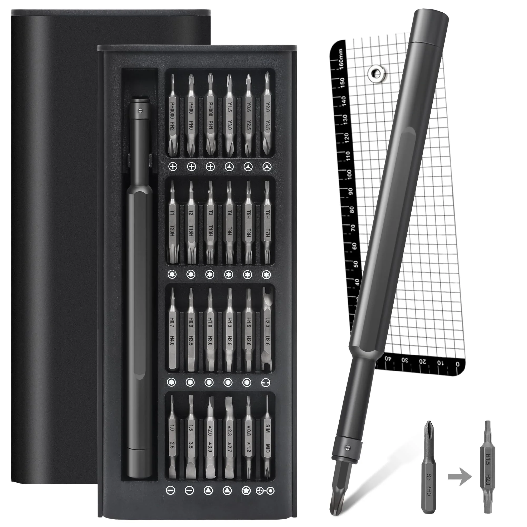 49-piece precision screwdriver set with 24 double magnetic Phillips heads, professional repair tool kit for iPhone and PC.