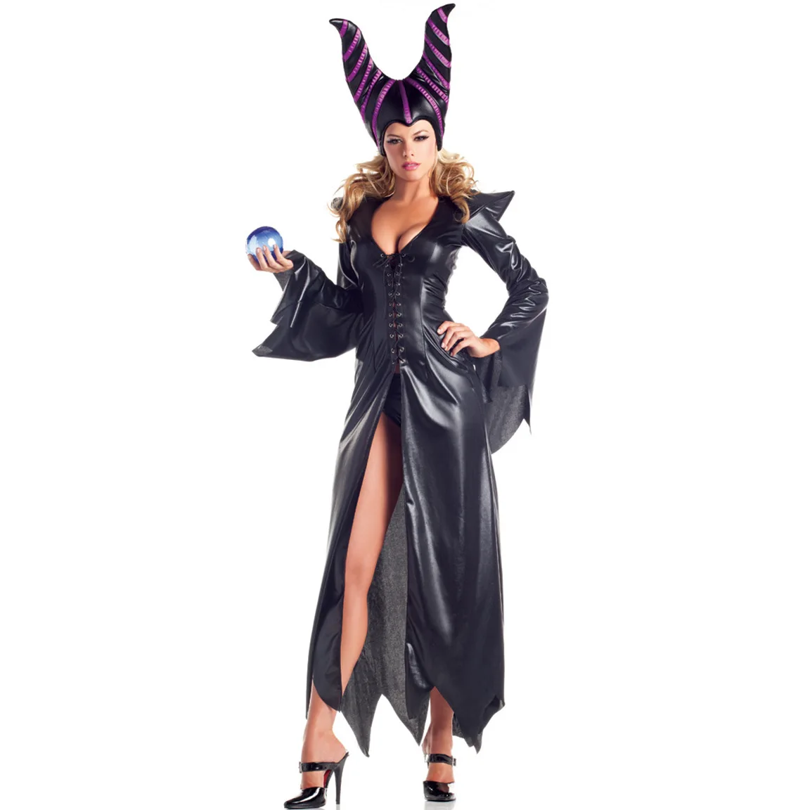 

Witch Maleficent Sleeping Beauty Cosplay Costume Adult Women Hallowen Costumes Evil Black Dress Horn Hat Outfit Hat Helmet Hood