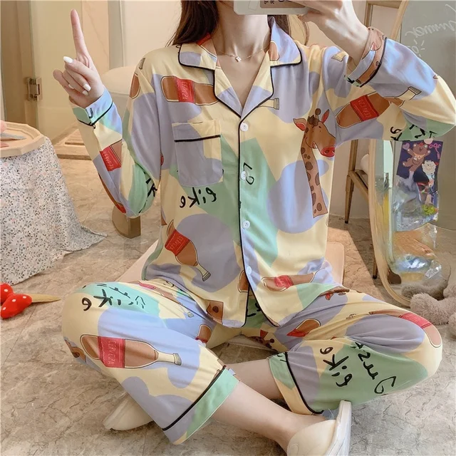New 2021 Spring Summer Cotton 2 Piece Pajamas Set Women New Printed Colorful Sleepwear Long Sleeve Pajamas Female Sleep Homewear C ZD changjinlu