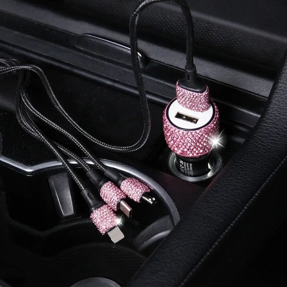 NEW Luxury Bling Diamond Car Charger 3 in 1 5V 2.1A Dual Port Fast Adapter Pink Car Decor Car Styling Diamond Car Accessories