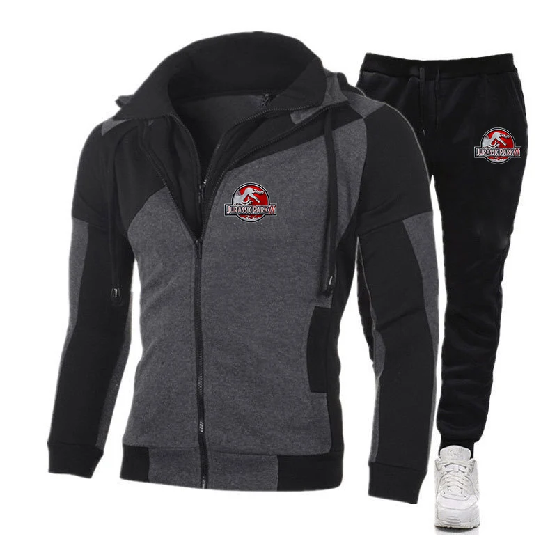 2023 Men New Jurassic Park Autumn Diagonal Zipper Hoodies Cotton Tracksuit Sporting Fleece Hooded Casual Jacket Top+Pant Suits
