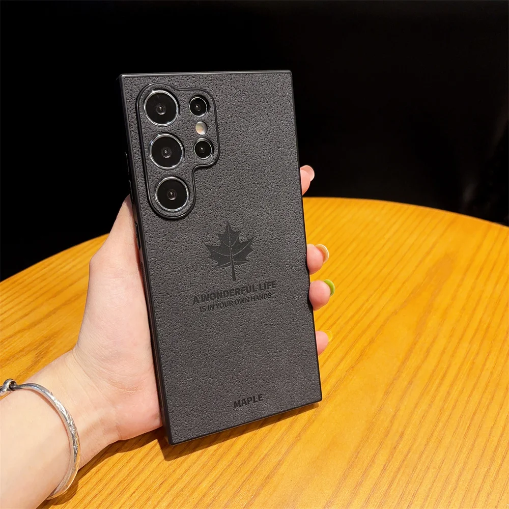 Elegant Maple Leaves Leather Phone Case with Slim Shockproof Design and Lens Protection