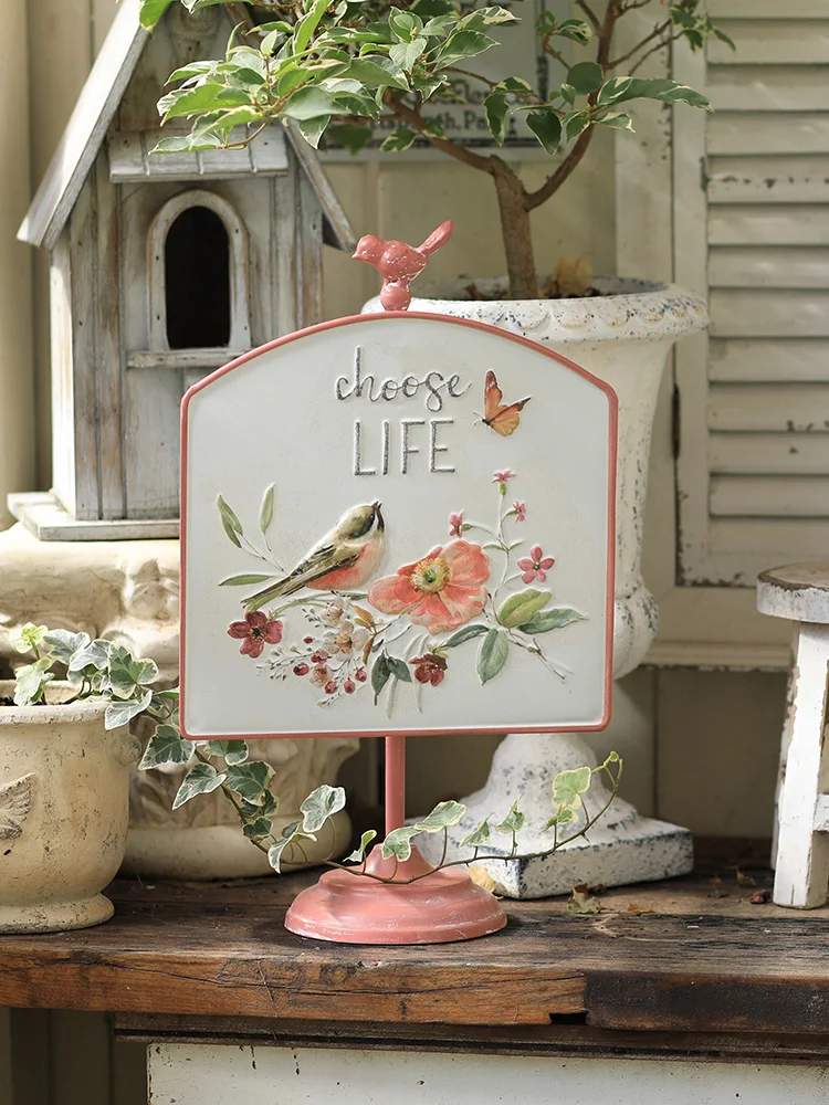 

Courtyard Pink Birds Stand Decorative Plaques Metal Ironwork White Garden Balcony Ornaments Home Furnishings Creative Decoration