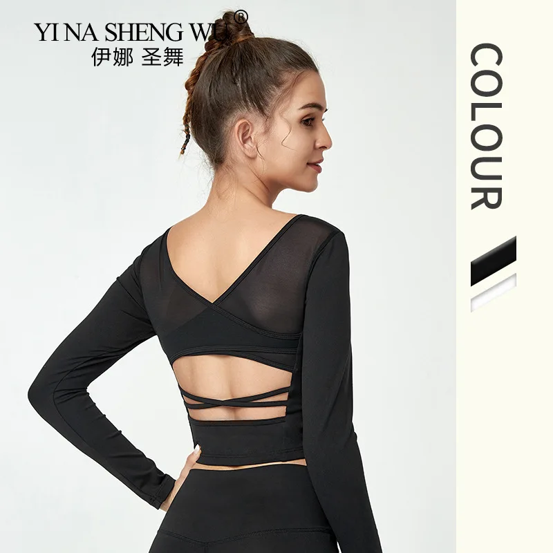 Sexy Yoga Top with Built In Bra Quick Dry Crop Top Workout Shirts White Long Sleeve Sports Mesh Splice Fitness Yoga Shirt
