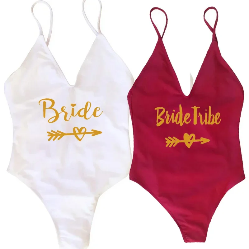 

Bachelorette Party One Piece Swimsuit Golden Printing Bride Tribe Women Fused Swimwear Backless Beachwear Wedding Party