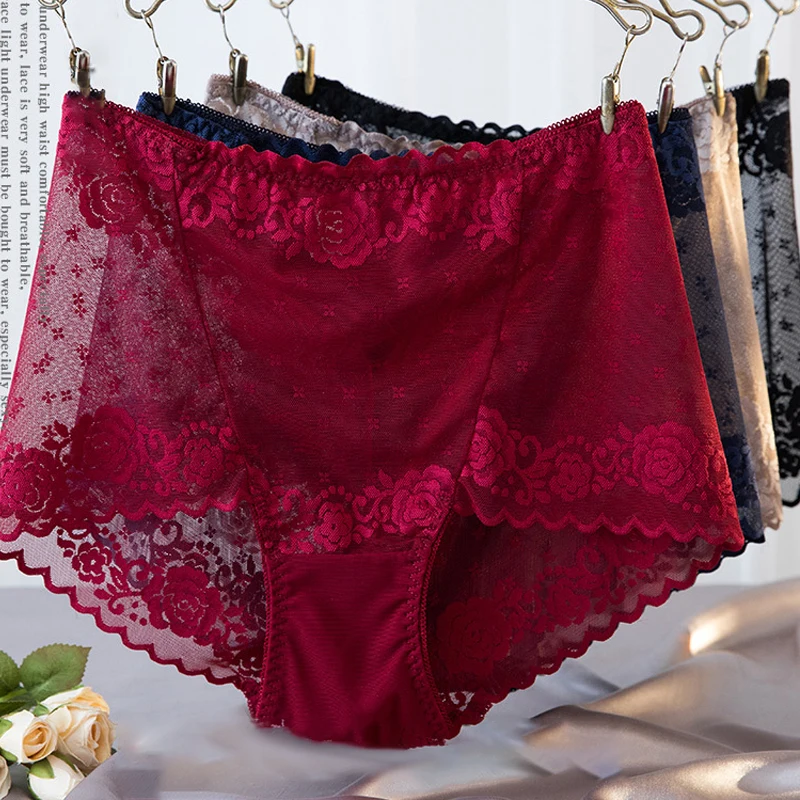

Large Size High Waist Elastic Lace Women Underwear Sexy Hollow Quick Drying Seamless Briefs Mesh Transparent Breathable Panties