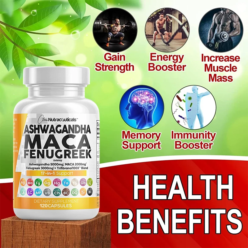 

Ashwagandha Maca Root Fenugreek Tongkat Ali Ginseng Supplement - Stamina, Energy Production Capsules 30 to 120 Capsules