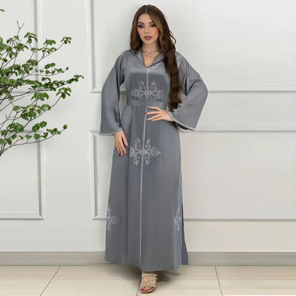 Muslin Dress Abaya For Women Ethnic Morocco Caftan Kaftan Dress With Hat Robe Fashion Diamond Split Bottom Dress Women Clothing