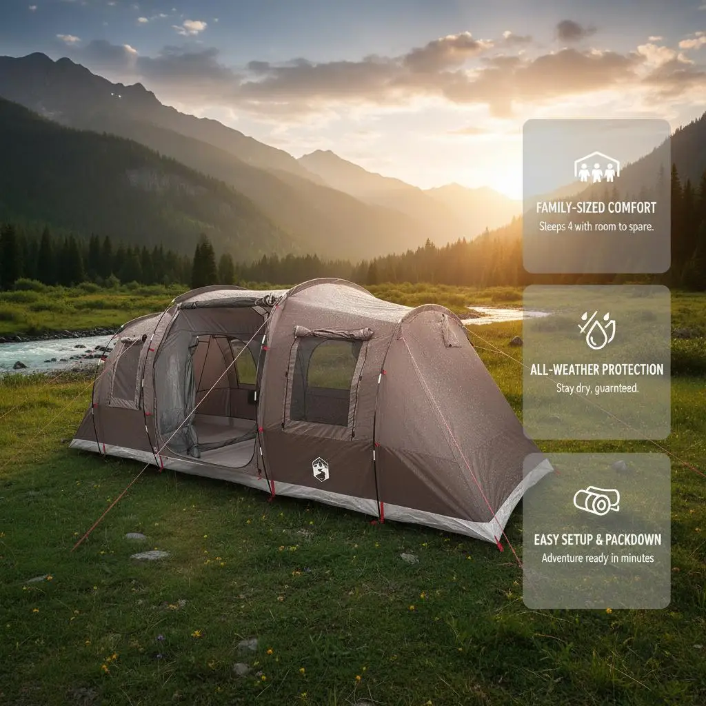 Camping-Tunnelzelt für 4 Personen, braun, wasserdicht – Detail 4