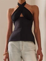 Sexy Women Summer Fashion Tank Tops Solid Color Sleeveless Backless Tie-up Halter Off Shoulder Ruched Vest Streetwear - Image 2