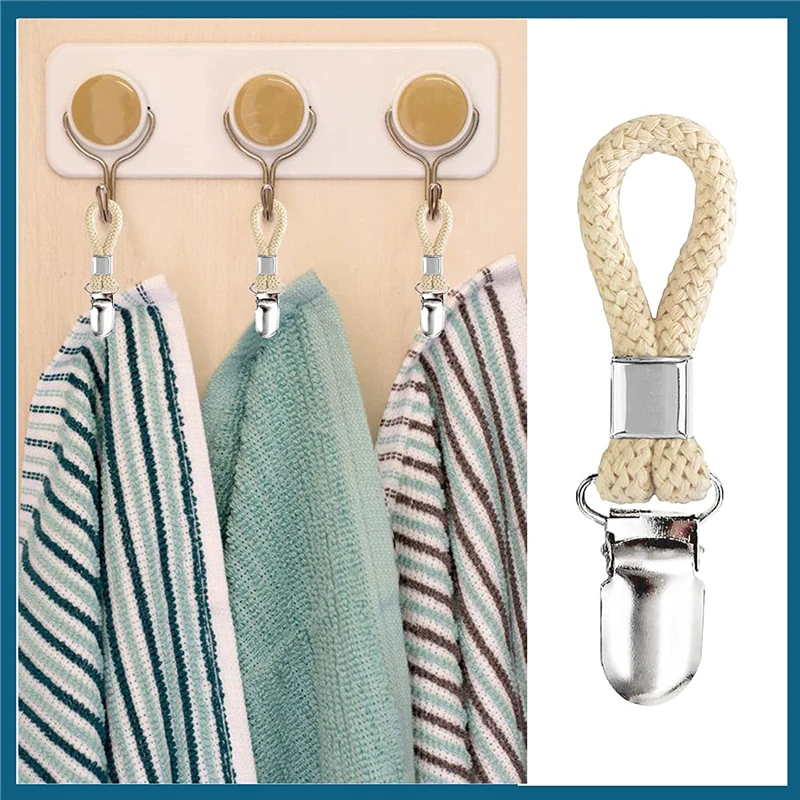 

Towel Clips Braided Cotton Loop Towel Clip With Metal Clamp Multipurpose Cloth Hanger For Home Bathroom Kitchen Storage