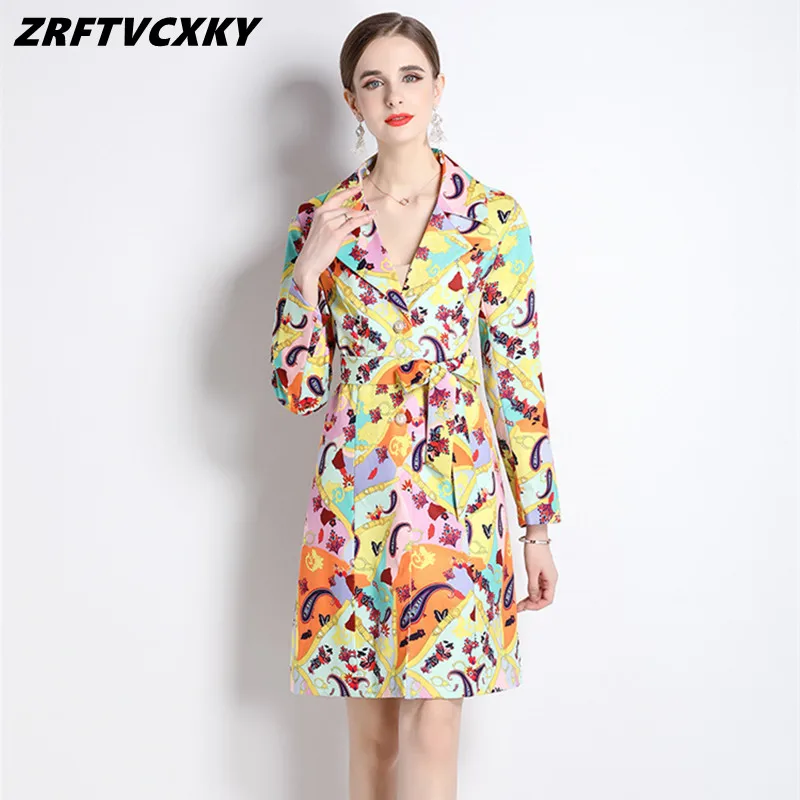 

Spring Autumn Fashion Long Trench Coat Women's Long Sleeve Pearl Buttons Lace-Up Overcoat Ladies Vintage Flower Print Outwear