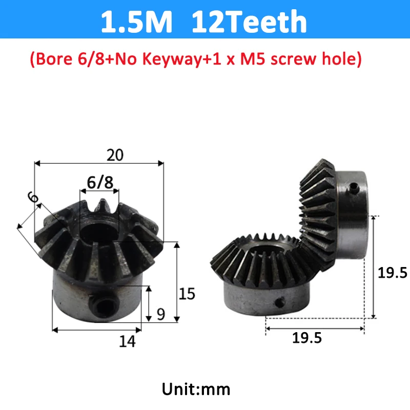 Electric Bike Gear Motor Gear Transmission Gear 1pc Bevel Gear 1.5M 12/16/18/20/25 Teeth Bore 6/8/10/12/14/15/16mm 90 Degrees Meshing Angle Steel Gears Screw M5 No Keyway