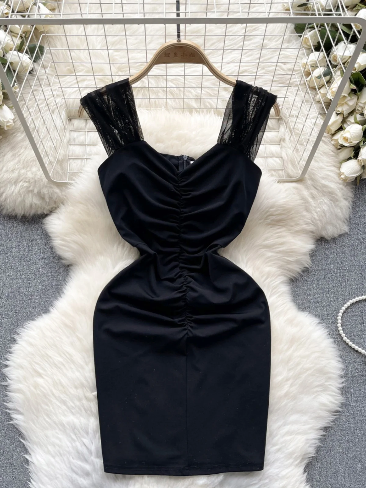 

Foamlina Women Summer Black Mesh Bodycon Dress Solid V neck Spaghetti Strap Sleeveless Pleated Elegant Club Party Mini Dresses