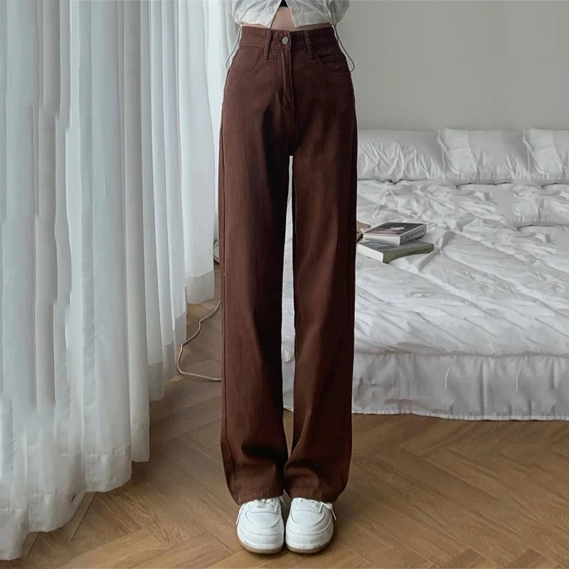 

Summer Women Brown Jeans High Waist Loose Straight Wide Leg Denim Female Y2k Casual Streetwear Vintage Baggy Trouser