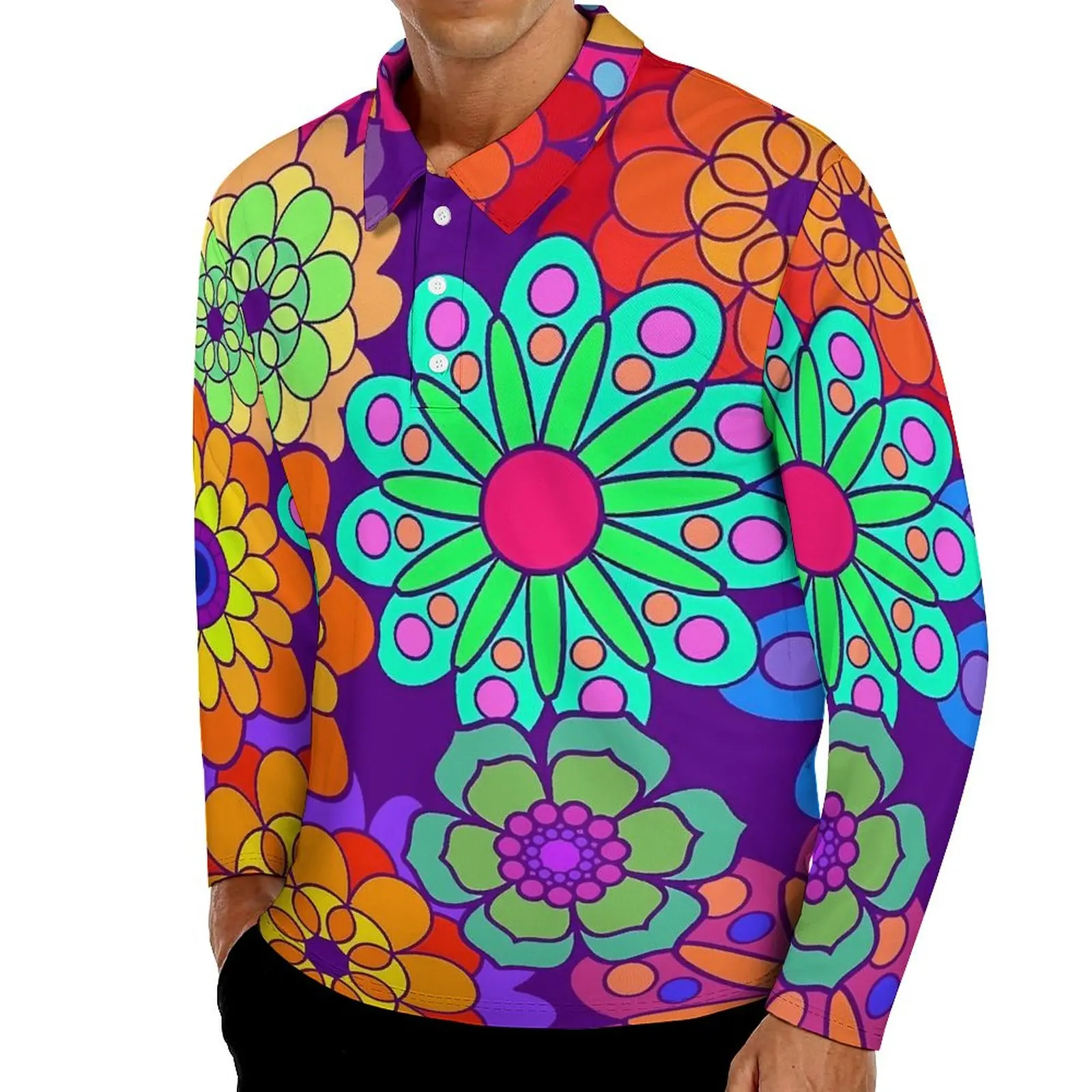 

Retro Flower Power Polo Shirts Spring Hippy Flowers Casual Shirt Long Sleeve Turn Down Collar Novelty Graphic Oversized T-Shirts