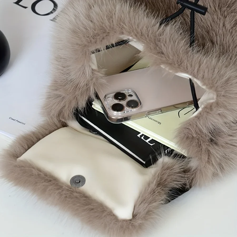 Women's Plush Faux Fur Backpack with Adjustable Drawstring Closure Daypack for Casual Formal Use Mini Backpack Soft Texture Bag