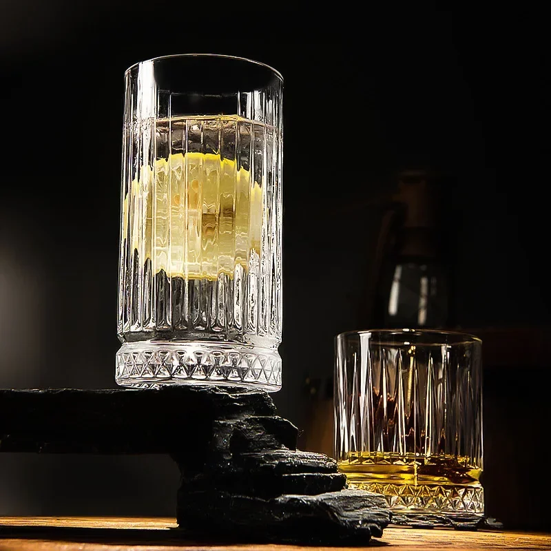 Glass Drinkware 230ml/370ml/460ml Whiskey Cup Vertical Striped Transparent Glass Wine Cup Bar Cups Water Bottle Cups