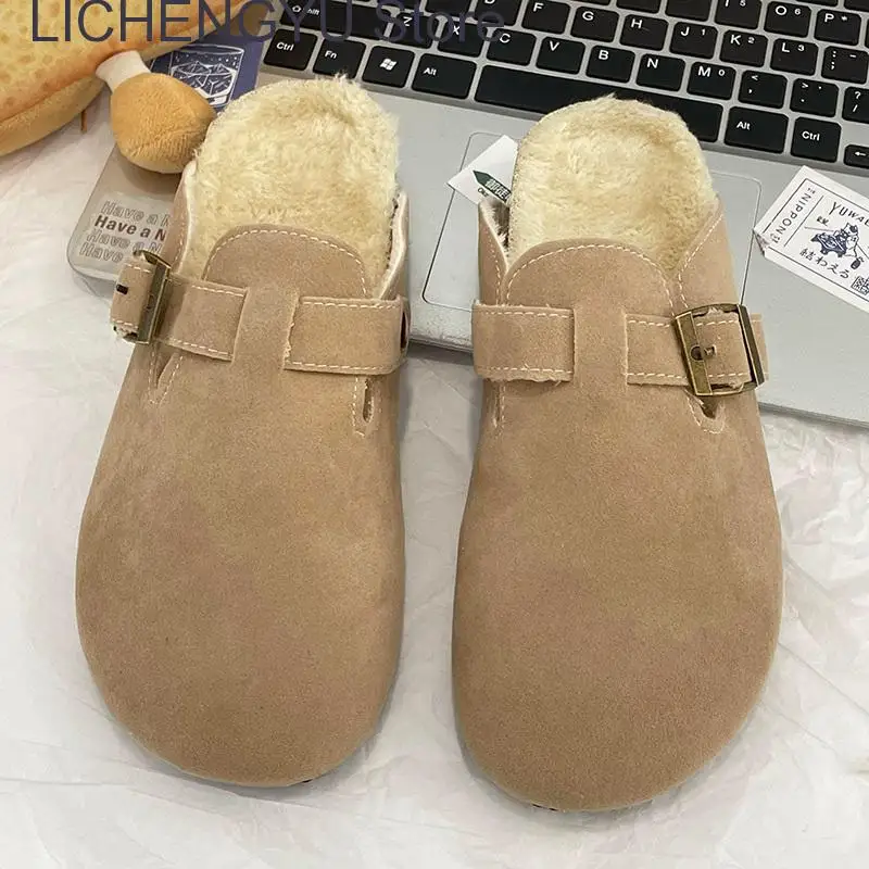 Fashion Women Winter Cork Slippers Closed Toe Artificial Fur Inside Low Heel Casual Soft Warm Fluffy Slide Shoe