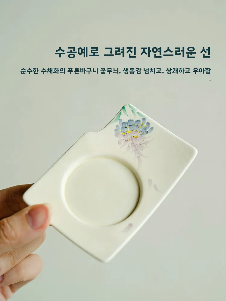 손으로 그린 ??보라색 트럼펫 꽃 세라믹 코스터 고급 티컵 내열 매트 다도 용품 공푸 스타일