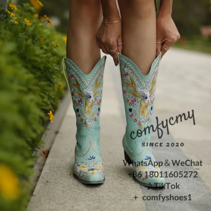 Ethnic Style Embroidery Size 35-48 Medium Length Women's Boots for Foreign Trade, New Autumn and Winter Women's Middle Heels