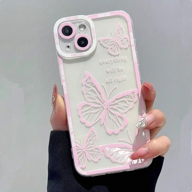 Funda de teléfono con patrón de mariposa rosa para iPhone 16, 14, 13, 12, 11, 15 Pro Max, 7, 8 Plus, XS, XR, X, SE 2022, funda suave con borde personalizado