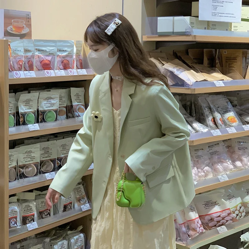 

Green Blazer Coat Women's Autumn Korean 2023 New Mid-Length High Quality Casual Loose Long Sleeve Fashion Blazer