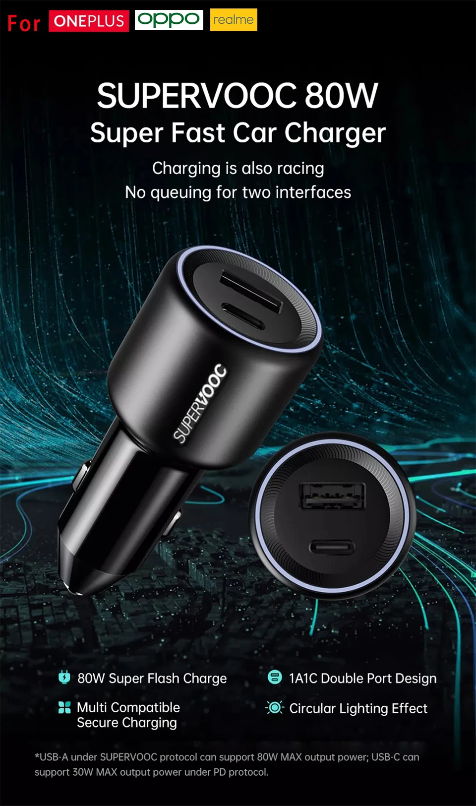 Oneplus 80w Supervooc 65W Type C Car Charger for One Plus 11 10 Pro Nord 2T 5G 10T car charger car phone charger
