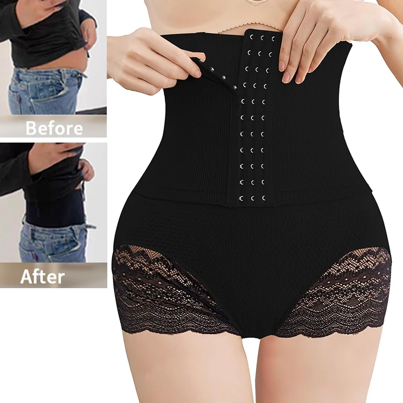 Women Tummy Control Shapewear Panties High Waisted Seamless Body Shaper Panty with Hooks Butt Lifter Slim Abdomen Lace Shorts