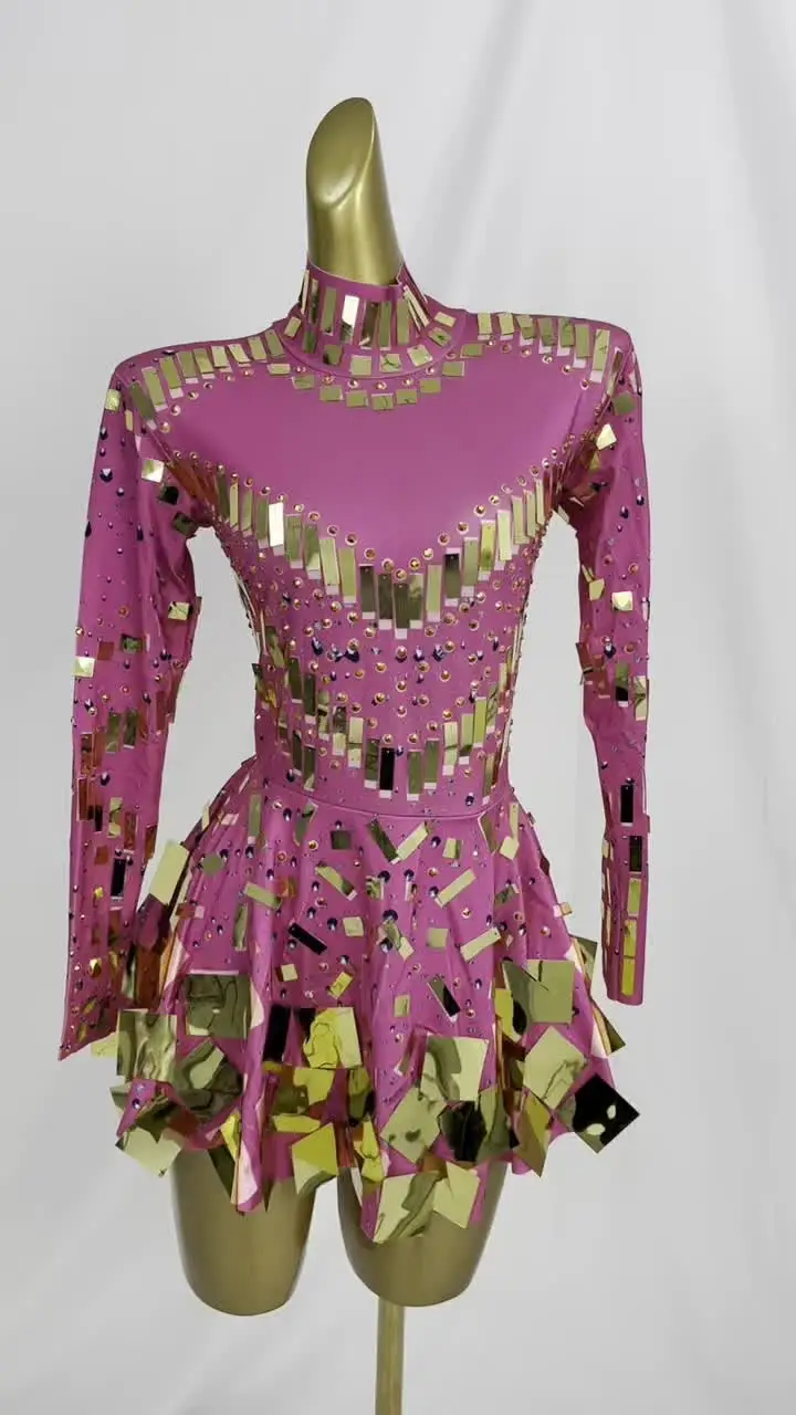 Блестящие кристаллы зеркала плиссированное платье с длинными рукавами женское