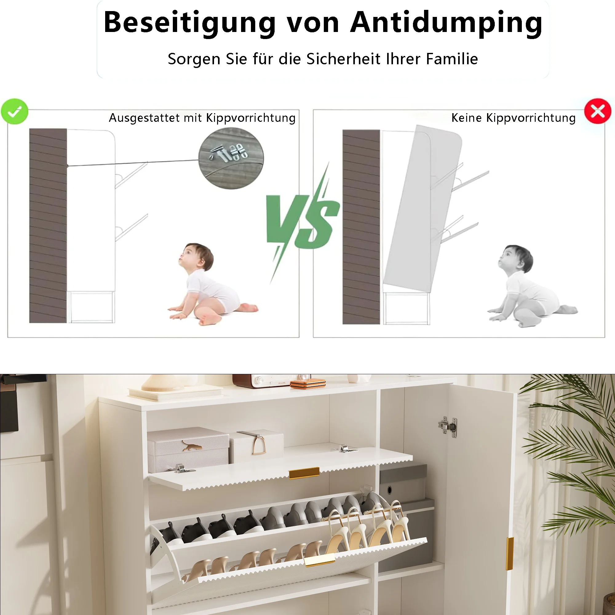 Rosahqnda Schuhschrank, 2 Klappschubladen, Schuhtruhe, platzsparendes Schuhregal, für Flur, Schuhschrank für den Eingangsbereich, kippsicher – Detail 17
