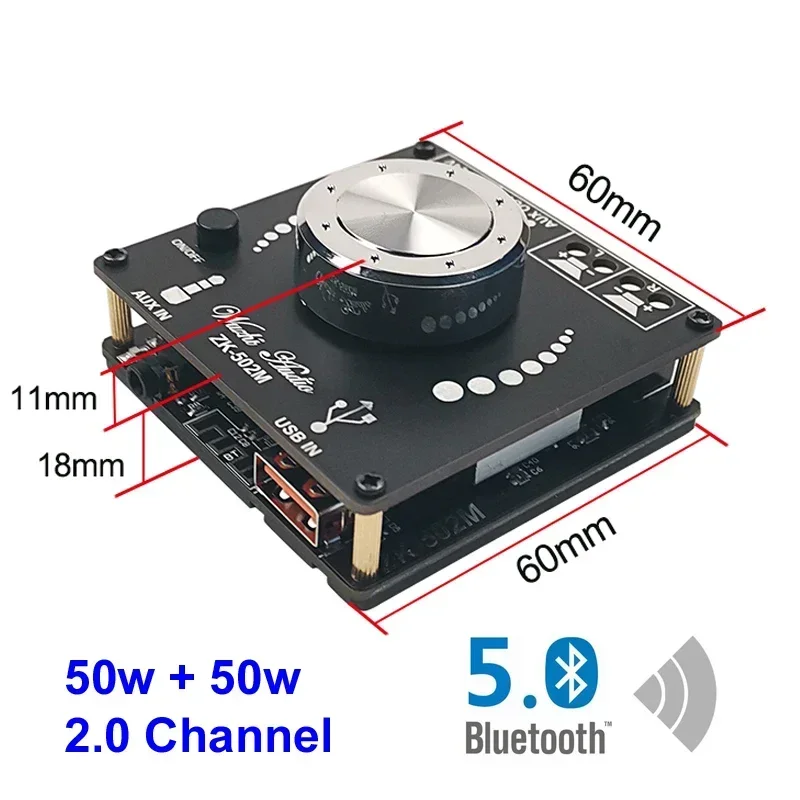 블루투스 5.0 디지털 오디오 파워 앰프, 클래스 D, 2.0 채널, HiFi 스테레오, 미니 USB 음악 사운드 카드, AMP, 2x50W, 10W  100W