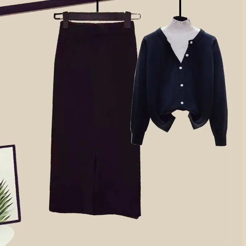 Women's Elegant Outfits Spring Autumn New Casual Long Sleeve Spliced Knitwear High Waist Slim Half Skirt Two Piece Suit