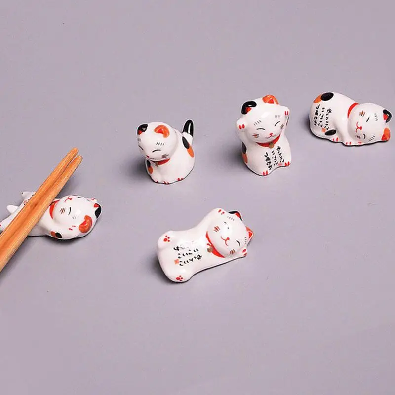 Chopstick Holder Japanese Style Ceramic Lucky Cat Chopsticks Rest Set 5Pc Chopsticks Holder Rack for Dinner Fork Spoon Tableware