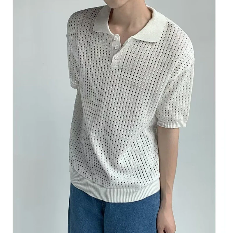 Summer Hollow Out Short Sleeve Men Polo Sweatshirts Thin  Loose Fashion All-match Harajuku Oversized T Shirts Office Daily White