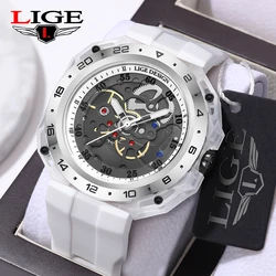 LIGE Hollow Out Design Mens Quartz Watch for Men Top Brand Business Rubber Strap Waterproof Square Wristwatch montre homme Gift
