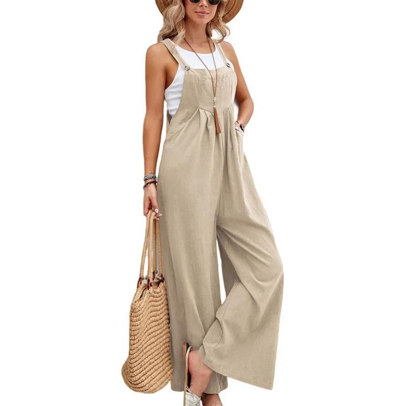 2024 New Summer Women Sleeveless Rompers Loose Jumpsuit Casual Backless Overalls Trousers Wide Leg Pants