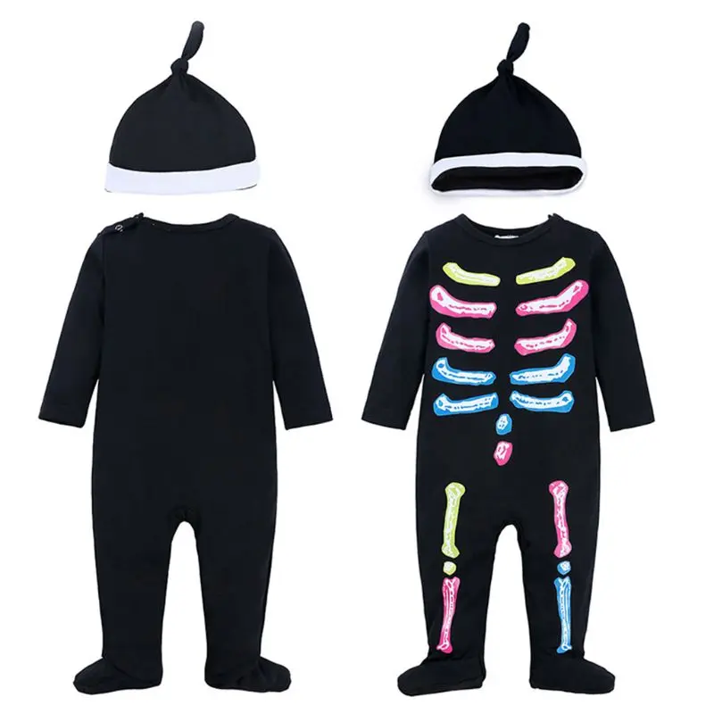 

Infant Baby Halloween Jumpsuit Outfit with Hat Newborn Skull Skeleton Graphic Long Sleeve Rompers Cosplay Costume 3-18M