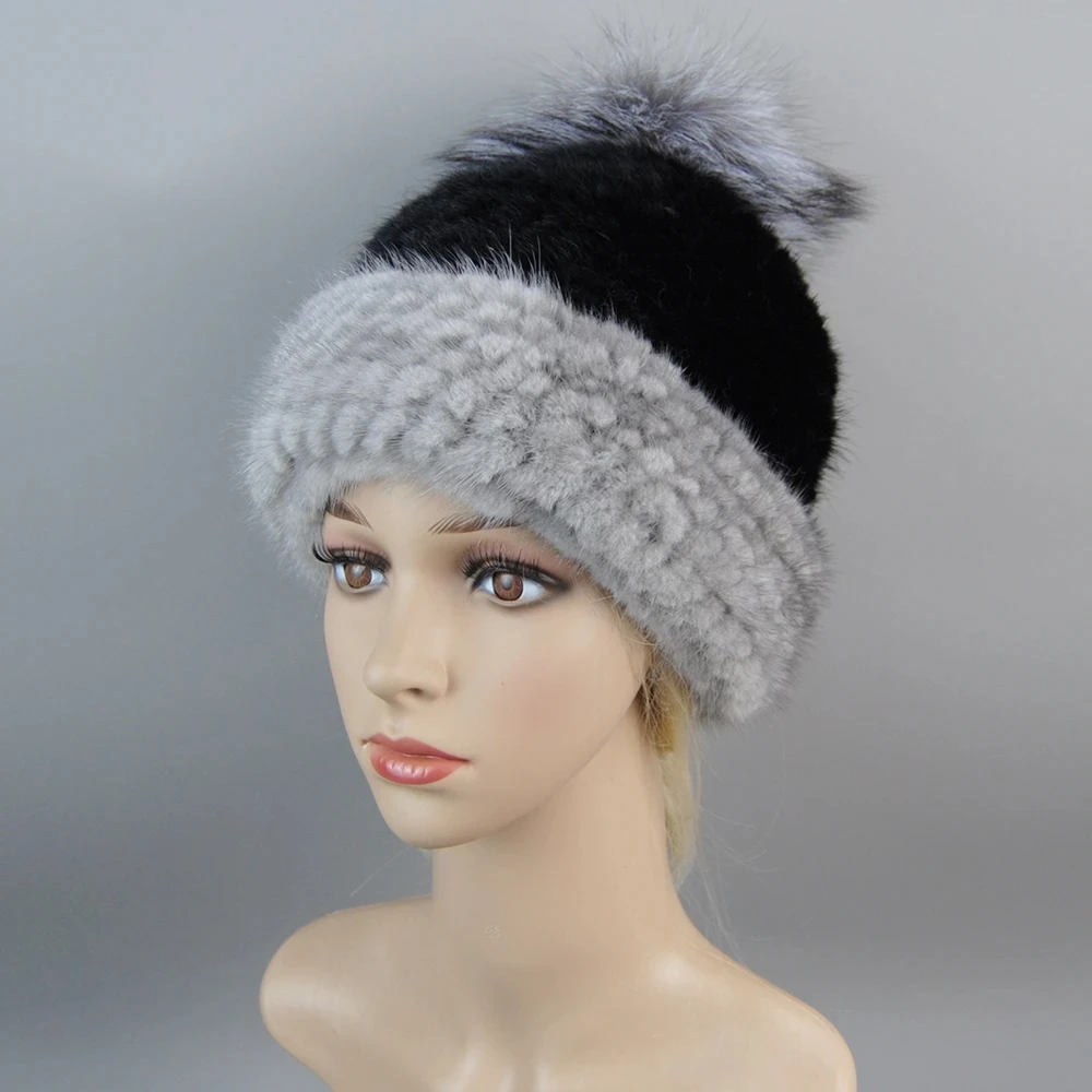 Fashion Real Mink Fur Hat For Winter Women Imported Knitted Mink Cap With Fox Fur Hot Sale High Quality Women Beanies Hat