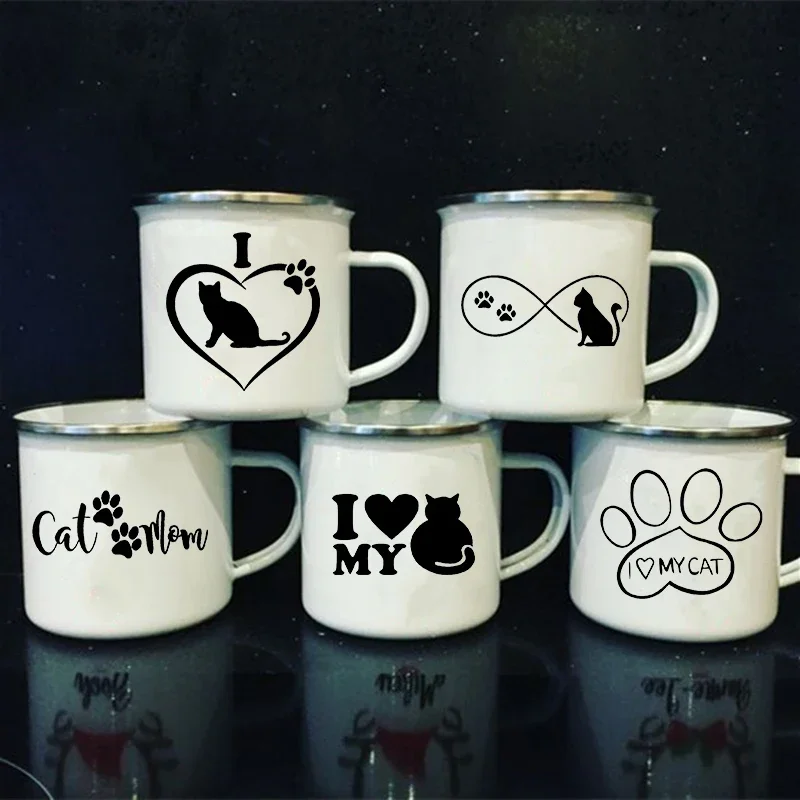

I Love My Cat Print Enamel Mugs Creative Coffee Tea Cups Drinks Dessert Breakfast Milk Cup Cute Water Mug Handle Drinkware Gifts