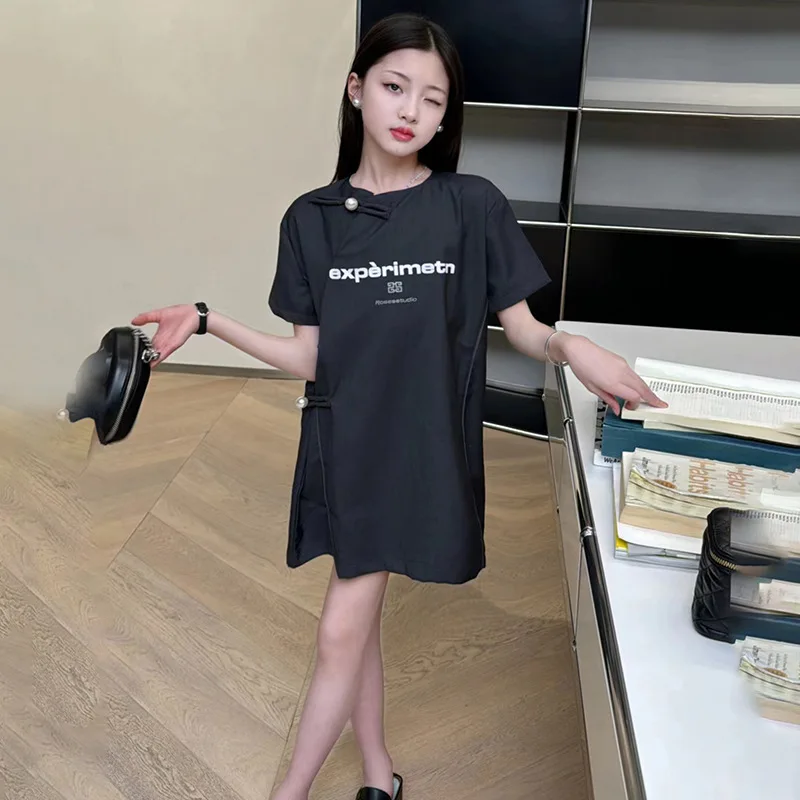 

Girls' New Chinese Short sleeved Dress 2024 Summer New Girl's Clothing National Style Qipao Dress T-shirt Dress Retro