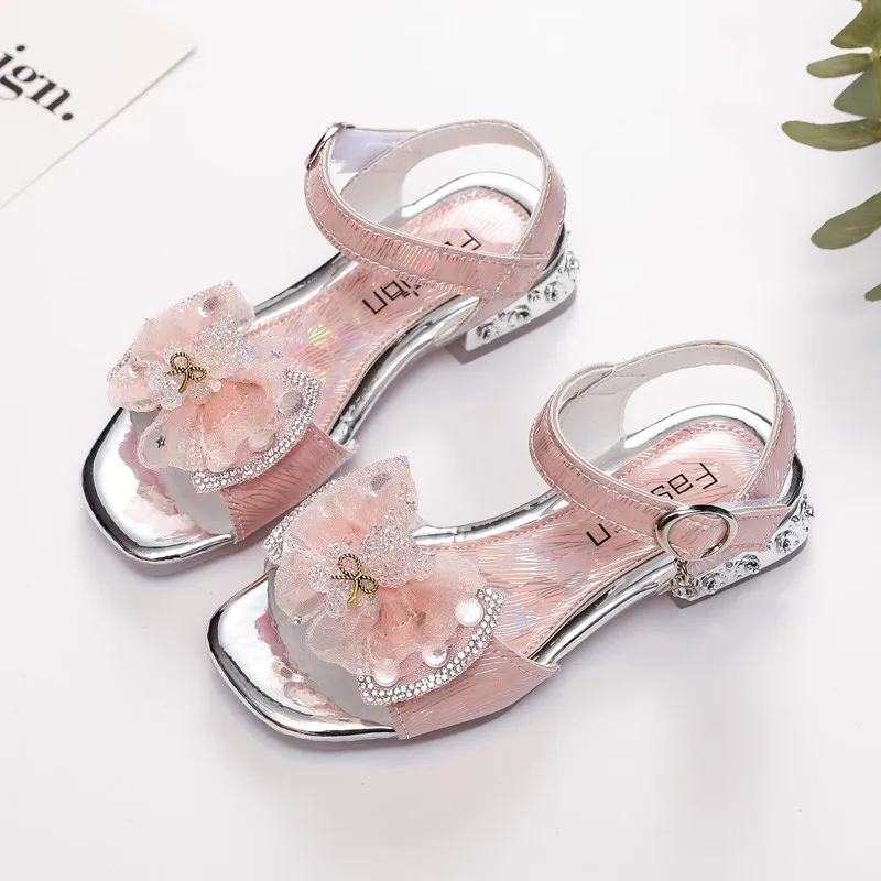 Girls Party Wedding Low Heel Sandals with Crystal Bear