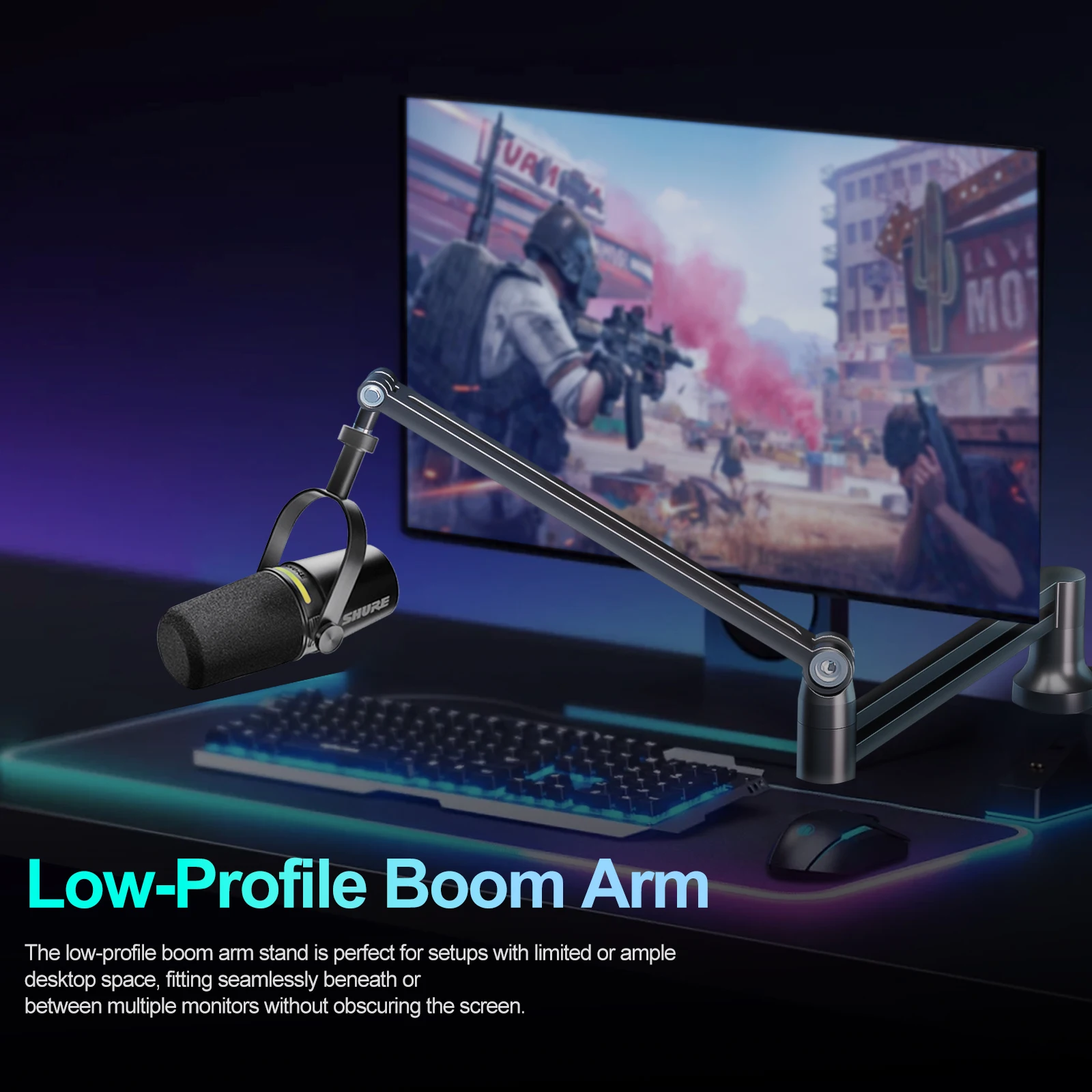 Boom Arm 360&deg; Rotatable Low Profile Microphone Stand 4-Use Foldable Mic Arm Holds Up to 1.5kg with 3/8'' to 5/8'' Screw Adapt