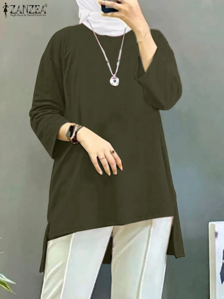 

Летняя Блузка ZANZEA с круглым вырезом и длинным рукавом женская модная Abaya хиджаб рубашка Повседневная Свободная мусульманская одежда женская оверсайз